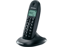 Charger l&#39;image dans la galerie, Un téléphone sans fil Motorola noir sur son socle. L&#39;écran affiche &#39;Handset&#39;.
