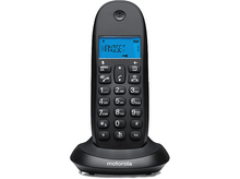 Charger l&#39;image dans la galerie, Téléphone sans fil Motorola noir sur sa base. L&#39;écran affiche &#39;HANDSET&#39;.
