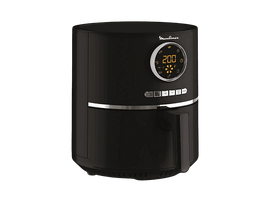 Friteuse à air Moulinex noire avec affichage numérique indiquant 200. Poignée sur le côté droit.