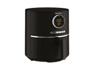 Friteuse à air Moulinex noire avec affichage numérique indiquant 200. Poignée sur le côté droit.