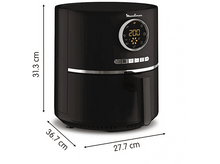Charger l&#39;image dans la galerie, Une friteuse à air noire avec des dimensions. Elle possède un affichage numérique et une poignée. Le fond est blanc.
