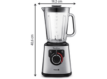 Charger l&#39;image dans la galerie, Mixeur argenté avec bocal en verre, socle noir et panneau de commande avec boutons et cadran.
