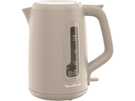 Bouilloire électrique Moulinex beige sur fond noir. Affiche les indicateurs de niveau d