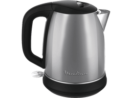 Bouilloire électrique Moulinex argent et noir sur socle noir, poignée à gauche.