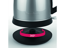 Charger l&#39;image dans la galerie, Bouilloire argentée sur socle noir, base rotative à 360 degrés.
