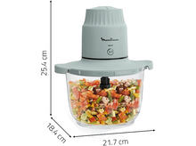 Charger l&#39;image dans la galerie, Robot culinaire avec légumes hachés, dimensions affichées.
