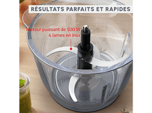 Charger l&#39;image dans la galerie, Un robot culinaire transparent avec des lames, avec texte descriptif, sur une surface en bois.
