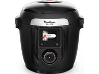 Multicuiseur Moulinex Cookeo noir avec écran numérique affichant des options de cuisson.