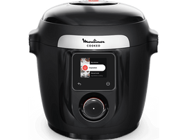 Multicuiseur Moulinex Cookeo noir avec écran numérique affichant des options de cuisson.