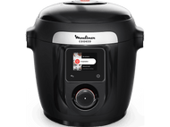 Multicuiseur Moulinex Cookeo noir avec écran numérique affichant des options de cuisson.