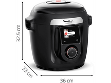 Charger l&#39;image dans la galerie, Un multicuiseur Moulinex Cookeo noir avec dimensions indiquées en cm.
