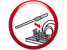 Charger l&#39;image dans la galerie, Un dessin animé montre un couteau placé dans un panier de lave-vaisselle avec des assiettes. Un cercle rouge l&#39;entoure.
