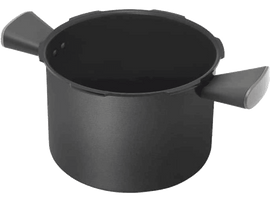 Casserole noire avec deux poignées, sur fond neutre.