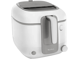 Friteuse blanche et grise. La friteuse a une poignée et un bouton de commande à l