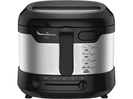 Friteuse Moulinex UNO noire et argentée, avec cadrans et boutons. Icônes alimentaires à l