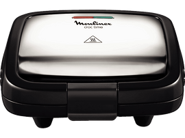 Gaufrier noir Moulinex Croc Time. Dessus argenté et voyants lumineux.