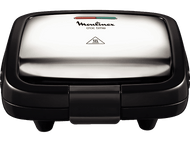 Gaufrier noir Moulinex Croc Time. Dessus argenté et voyants lumineux.