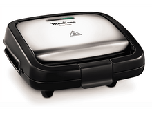 Charger l&#39;image dans la galerie, Appareil à sandwich Moulinex Croc Time. Noir et argent, avec une lumière rouge et verte sur le dessus. Fond blanc.
