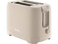 Grille-pain. Couleur beige, forme carrée, avec un bouton et un levier. Fond noir.