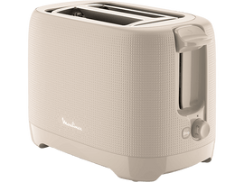 Grille-pain. Couleur beige, forme carrée, avec un bouton et un levier. Fond noir.