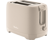 Grille-pain. Couleur beige, forme carrée, avec un bouton et un levier. Fond noir.