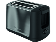 Grille-pain Moulinex en inox et noir avec un cadran.