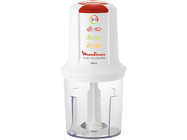 Moulinex multi moulinette blanche. Elle a un dessus rouge et un récipient transparent. Le produit est seul.