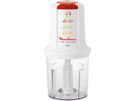 Moulinex multi moulinette blanche. Elle a un dessus rouge et un récipient transparent. Le produit est seul.