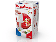 Charger l&#39;image dans la galerie, Boîte de mini-hachoir Moulinex, design blanc et rouge, montrant ingrédients.
