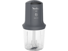 Charger l&#39;image dans la galerie, Un robot culinaire Moulinex gris avec un récipient transparent. L&#39;appareil a une fonction 3 en 1.
