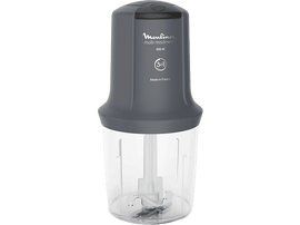 Un robot culinaire Moulinex gris avec un récipient transparent. L