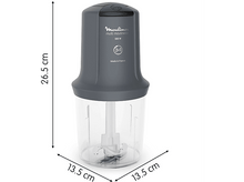 Charger l&#39;image dans la galerie, Moulinette multi Moulinex grise, avec dimensions, sur fond blanc. Mesures incluses.
