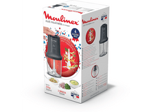 Charger l&#39;image dans la galerie, Une boîte de mini hachoir Moulinex. Elle montre le produit, les ingrédients et le texte en plusieurs langues.
