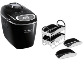 Machine à pain Moulinex noire et accessoires. Elle a un affichage numérique. Un support avec des moules.