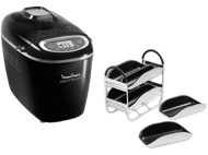 Machine à pain Moulinex noire et accessoires. Elle a un affichage numérique. Un support avec des moules.