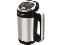 Une machine Moulinex Easy Soup. C'est un appareil argenté et noir avec des boutons et une poignée.