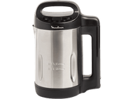 Un mixeur en acier inoxydable avec une poignée noire et un panneau de commande noir. Le logo est en haut.