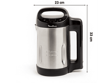 Charger l&#39;image dans la galerie, Soupière en acier inoxydable et noire avec dimensions, fond blanc.
