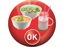 Charger l&#39;image dans la galerie, Trois plats sur fond rouge. Deux bols de soupe et un verre de smoothie rose avec le signe OK.
