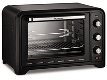 Charger l&#39;image dans la galerie, Four Moulinex noir avec rôtissoire, intérieur en acier inoxydable, boutons et porte vitrée.
