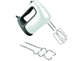 Mixeur à main blanc et noir avec fouets, isolé sur fond transparent.