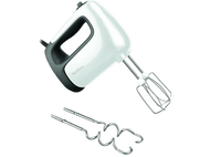 Mixeur à main blanc et noir avec fouets, isolé sur fond transparent.