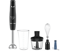 Charger l&#39;image dans la galerie, Mixeur plongeant et accessoires : bécher, hachoir, fouet et accessoire lame. Noir et argent.
