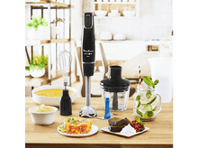 Charger l&#39;image dans la galerie, Mixeur plongeant Moulinex noir avec accessoires, ingrédients.
