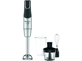 Mixeur plongeant Moulinex Powelix avec accessoires: gobelet, hachoir et fouet, le tout sur fond noir.