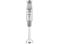 Mixeur plongeant argenté et gris avec un bouton turbo.