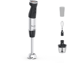 Mixeur plongeant Moulinex argent et noir avec accessoires: bécher, fouet et hachoir.