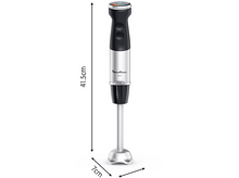 Charger l&#39;image dans la galerie, Un mixeur plongeant argenté et noir avec dimensions. Le fond est blanc.
