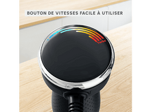 Charger l&#39;image dans la galerie, Dessus de blender noir avec un cadran de contrôle éclairé par des lumières bleues, jaunes et rouges. Texte : Facile à utiliser.
