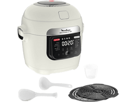Un Moulinex Multicooker & Fry avec des accessoires, y compris des cuillères et des grilles, sur un fond noir.